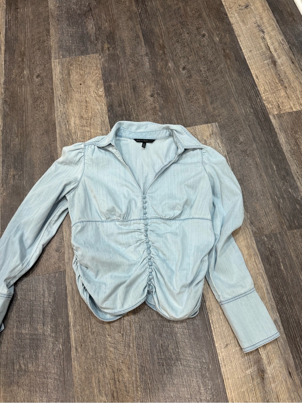 White House Black Market Light Blue Ruched Button-Front Shirt
